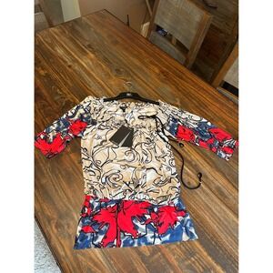 Analili Floral Print Blouse Beaded Drawstring Neckline Top Size‎ S